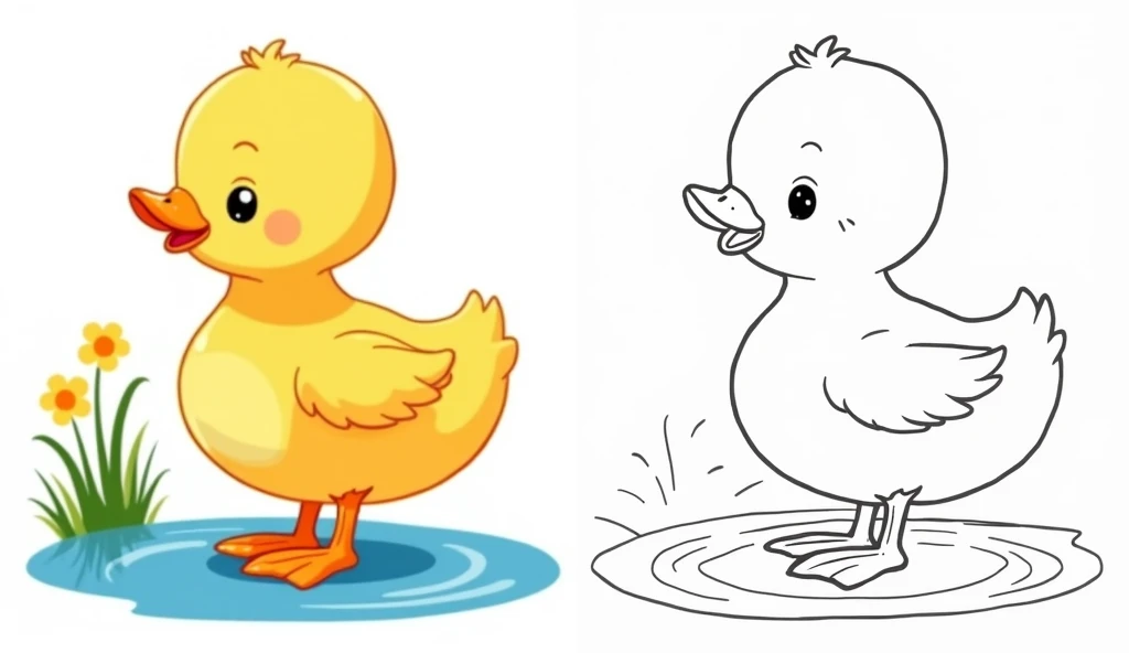 Generate an image with a colored illustration of a silly duckling waddling by a pond on the left side, and the same illustration in a black-and-white outline on the right side. Include soft feathers, a cute beak, and some ripples in the water to enhance th...