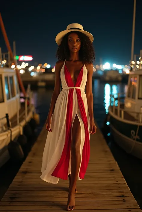 Of course!  Here is the description of the image with the requested changes :

 The image features a dark-skinned black woman with curly hair ,  wearing a wide-brimmed white hat and a long white and red dress.  She is walking barefoot on a boarding pier at...