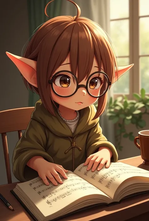 Brown-colored elf anime photo that wears glasses and the images must be related to music and the piano 