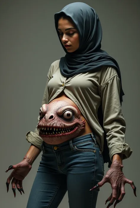 A young woman, monstrous creature emerging from her pregnant stomach, its limbs unnaturally long, with sharp, glistening claws, and eyes filled with malevolence. Wearing a hijab, shirt, and unbuttoned saggy jeans