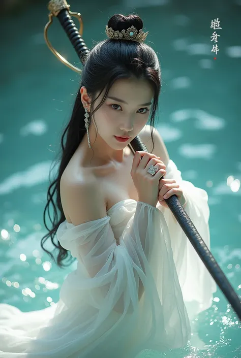 best quality,masterpiece,highres,cg,
1girl,weapon,sword,long hair,dress,water,solo,jewelry,white dress,earrings,hair ornament,splashing,upper body,hair bun,black hair,
lighting,candid,Photograph,high resolution,4k,8k,Bokeh,