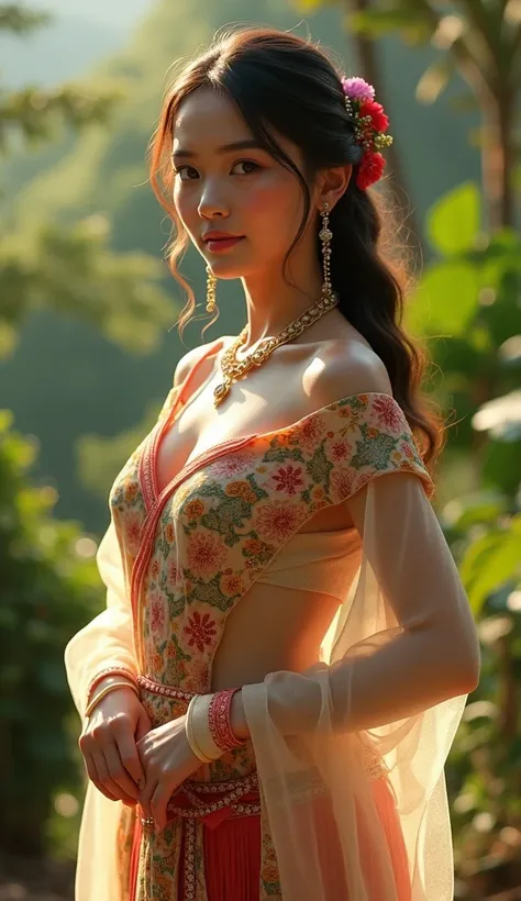 "A beautiful girl wearing a transparent outfit with a large bust." Kemben dan kebaya outfit khas Bali, Indonesia