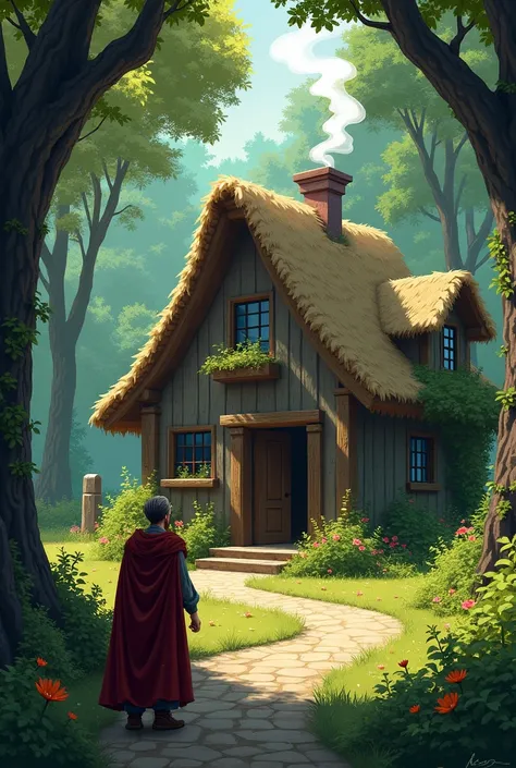 In the middle of the forest, a small rustic cottage stands surrounded by trees and flowers. Smoke rises from the chimney. The king approaches the cottage, looking exhausted and hungry