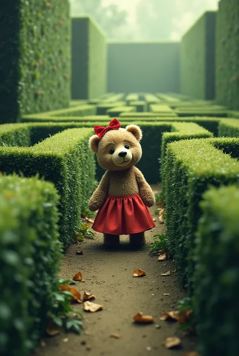  A bear with a skirt and a red ribbon on her head, lost in the middle of a maze . You have to see that the labyrinth is very large