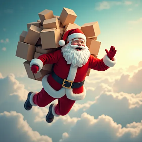 Santa Claus flying in the sky , repartiendo muchas cajas de cardboard sin lazos, cardboard,  with a big smile, happy, photorealistic , 4k