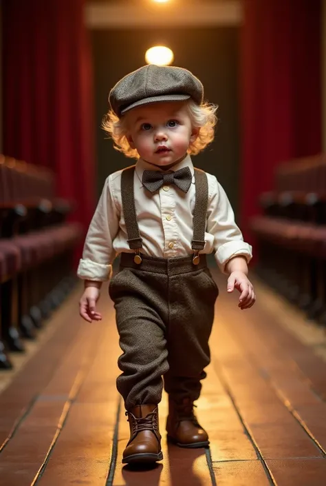 A  baby boy model exudes vintage charm as he walks down a classic theatre runway with velvet curtains and golden lighting. Hes dressed in a tweed suit with suspenders and a bow te, looking adorable and old-fashioned His light curls fall softly over his for...