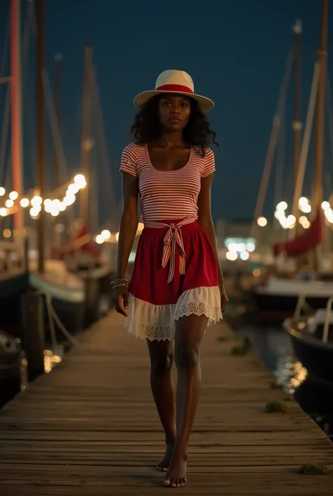    A dark-skinned black woman wearing a white fedora hat with a red band,     a red and white striped t-shirt tied around her waist ,  And a round white and red skirt  .    She is walking barefoot on a boarding pier at night , holding a lit cigarette betwe...