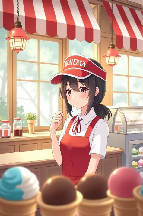 Prompt for the submitted image :
" An illustrated scene from an ice cream shop with a female attendant in .  She has dark hair tied ,  wears a uniform consisting of a white shirt ,  red apron and a visor-style hat too red with space for a logo. In the back...