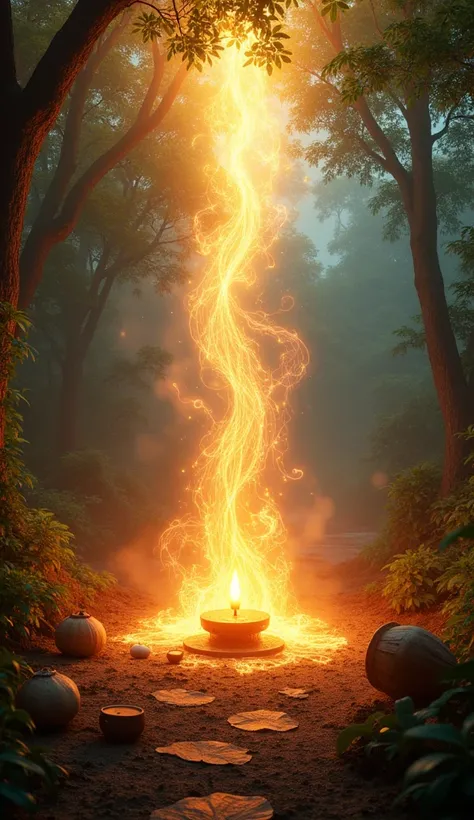 Create an ultra-realistic image representing axé, the vital energy of the Candomblé religion, as a dynamic, luminous force flowing through the natural world. The scene should depict axé as a radiant, ethereal light that pulses and vibrates with energy, flo...