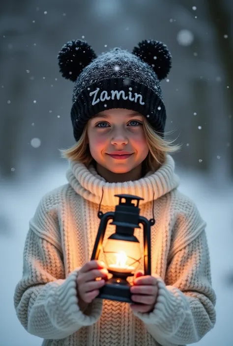 "A winter-themed portrait featuring a 18 years old young boy outdoors, radiating a serene and warm vibe. He is dressed in a cozy white sweater and a matching black beanie with Zamin embroidered on it, adorned with two pom-poms.He holds a glowing vintage la...