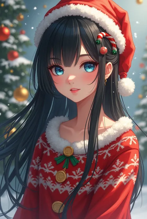 lady with black long hair; blue eyes; Christmas outfit; featuring ChibiSakura in the background