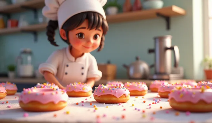 The chef is making pastel donuts, with the sprinkles scattered over the icing sugar