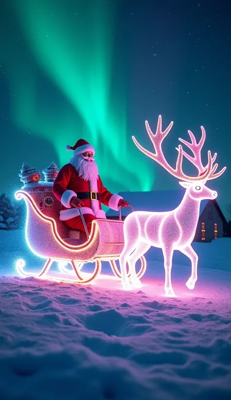 Create a glowing 3D image of Santas sleigh and reindeer, all made entirely of luminous, swirling aurora borealis light. The sleigh is intricately crafted with radiant, ethereal lights in shades of green, blue, and purple, reflecting the vibrant northern li...