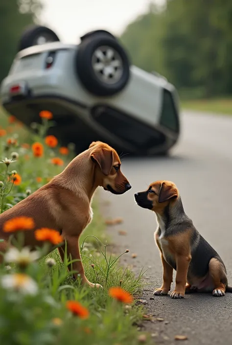 an ultra realistic photo of an adult dog looking sadly at her sleeping puppy with a red spot on her head next to flowers on the side of a road and in the background a car turned upside down as if it had hit something
