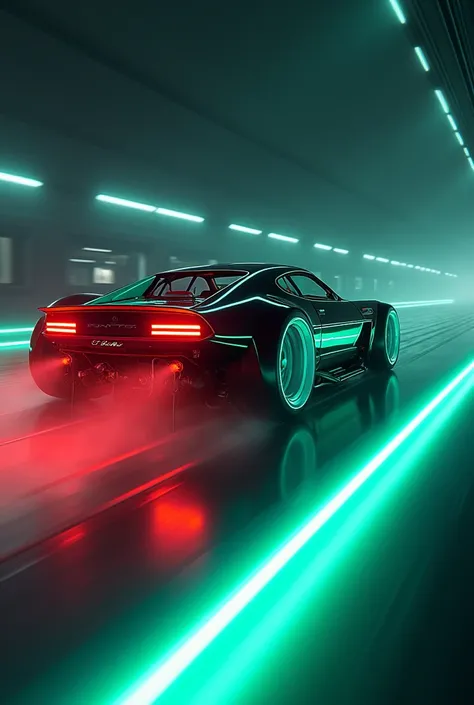 a low car with giant tyres, tyres higher than car, car emitting neon light from back, neon strips, car running on neon green road, narrow road, view from behind, view from back, green neon lights on track