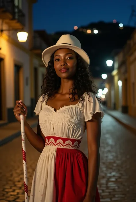      a young black woman wearing a white felt hat and a long ruffled dress    ,   with a white top and a wavy red and white lining    .    She is holding a white and red cane on a deserted cobblestone street at night . In the background, a favela and hill ...