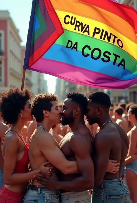 Rainbow flag with "Curva Pinto da Costa" written spotted amongst black homosexuals kissing