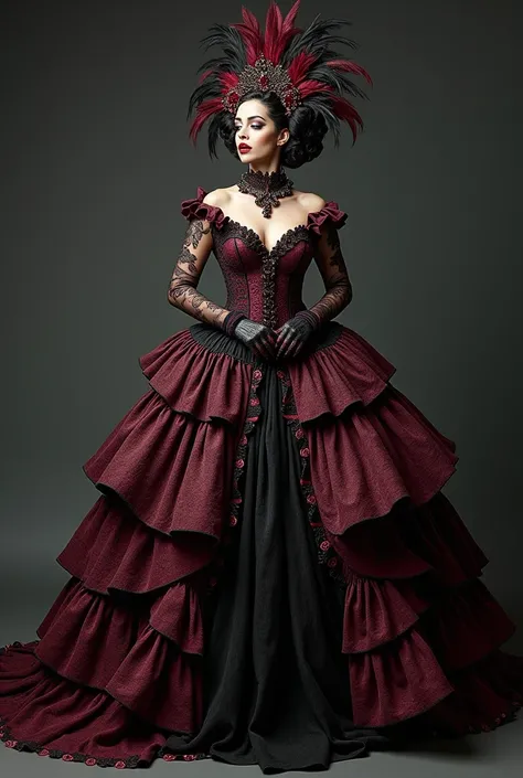 Make me a rococo goth gown with a hind of swiss design and goth make up with a headpiece for a drag queen