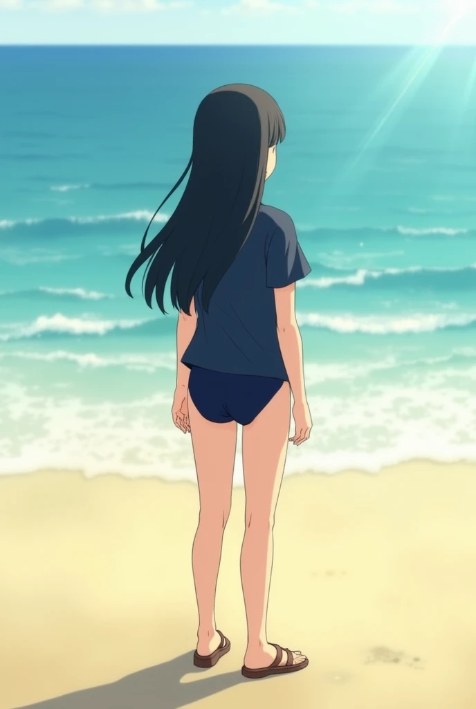  Girl with black hair,  dark blue shirt, dark blue panties and brown sandals,  on the beach, on the back 