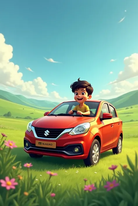 Create an image of a Boy driving a car named Baleno. In open meadows