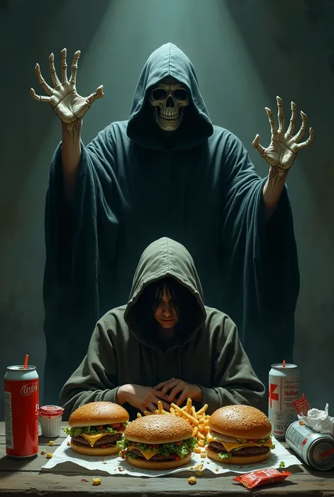 Create an image of death behind a person who is eating fast food, soft drinks and candies 
