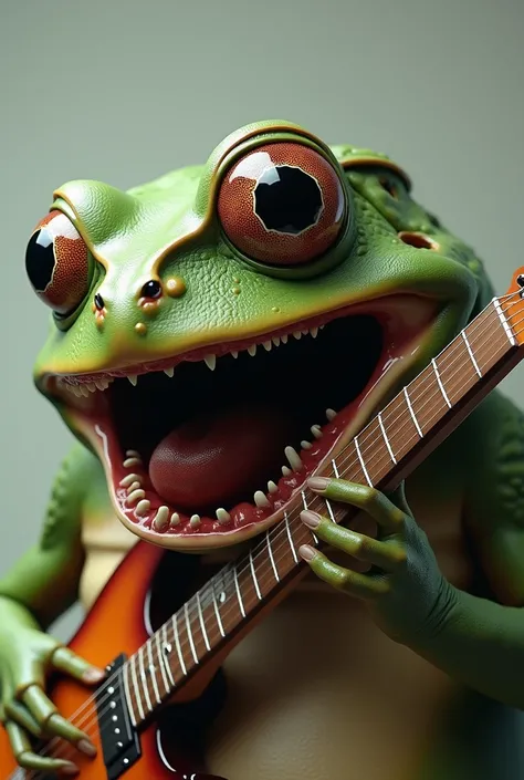 A human with an exact replica of a frog face eating a guitar