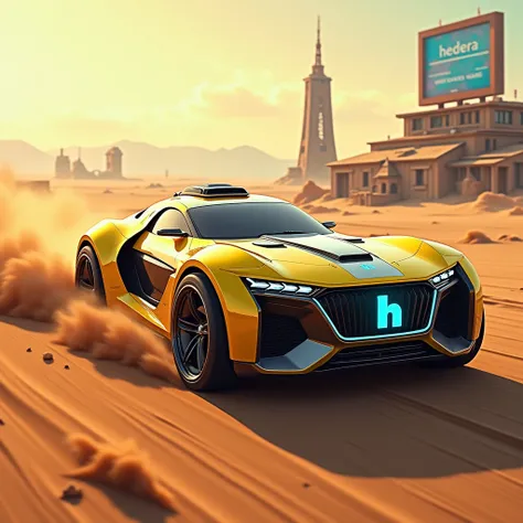 "Design a futuristic, high-speed desert transport vehicle racing through a sandy landscape with a cyberpunk aesthetic. The vehicle should have a sleek, aerodynamic design with bold curves, advanced technology, and intricate details inspired by cyberpunk el...