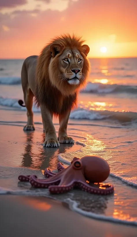 "On a serene beach during sunset, a majestic lion and an octopus are depicted in their natural forms, yet symbolically connected. The lion stands proudly on the soft sand near the shoreline, its golden mane glowing in the warm hues of the sunset. Nearby, i...