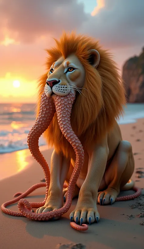 "A majestic hybrid creature combining an octopus and a lion, set against the backdrop of a serene beach during sunset. The creature has the powerful body and golden mane of a lion, seamlessly blending into tentacle-like appendages with smooth, textured suc...