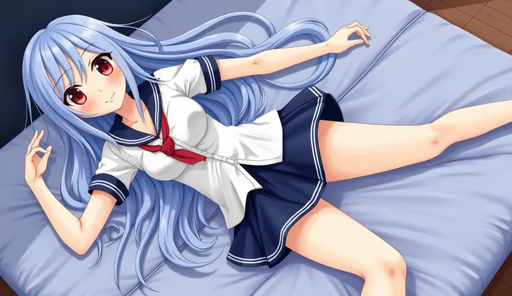 ANime girl, blue hair, red eyes, spread leg, show pussy