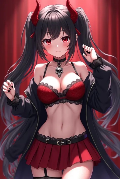 (Masterpiece, Anime Style, Best quality) 2D illustration, professional work, trending on pixiv, Japanese Idol anime, Perfect fingers, perfect arms. posing sensually. hot girl. dancing. only on stage . white skin. two crimson red demon horns on the head. ve...