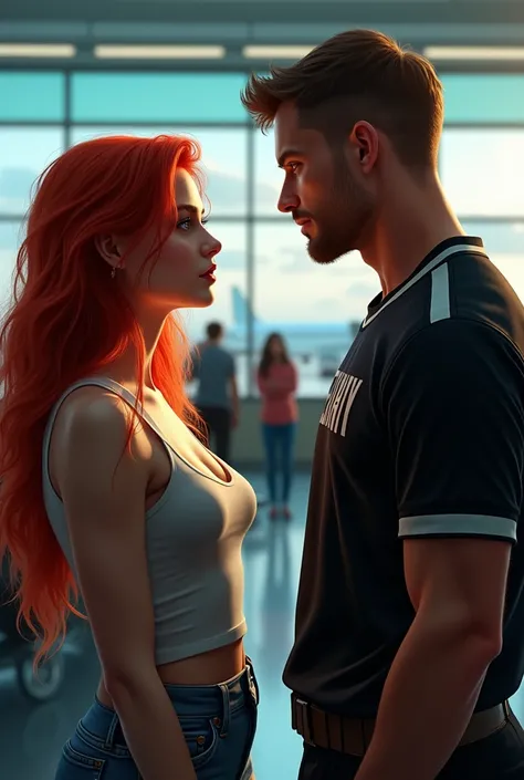  inside the airport Beautiful 25-year-old red-haired woman and serious 28-year-old man with security face , athletic body wearing black jersey 