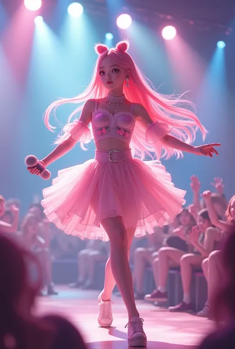 très jeune femme idole coréenne avec la peau très pâle,des cheveux très long rose,des yeux roses pétillant et des habits kawaii entrain de danser en concert avec un micro (style anime)