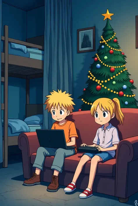  Miyazaki cartoon-style drawing . sofa.  A blond boy is sitting on the couch playing a computer game.  A younger blonde girl is sitting next to her . Christmas tree in the background . There is a bunk bed in the background , and it&#39;s night outside