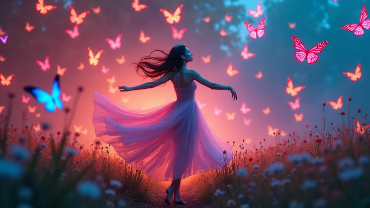 Beautiful Asian model dancing in a field of neon butterflies