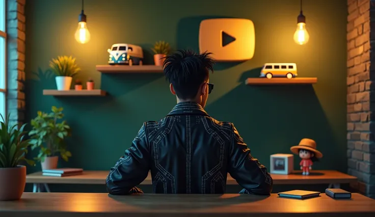 Create an image of  at a modern desk, wearing a black
futuristic jacket with glowing circuit patterns. The
character has spiky black hair and is wearing dark
sunglasses. The background is a dark green wall
with floating wooden shelves holding a variety of
...