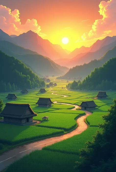 Orange-yellow sun，Rise in the mountains,A few distinctive huts in the distance，Green rice field ，Tanaka has a small road 。