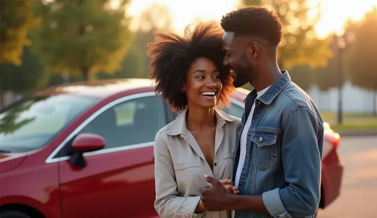 A young black couple standing close to their new car with a smiling face.