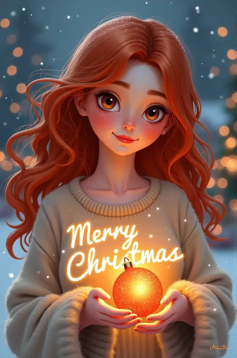 Create a Christmas themed poster for me with a woman with red hair who is holding a ball and writing Merry Christmas 