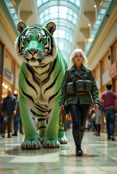 (Photorealism:9.16), A beautiful women with White hair ,  dressed in loreng black war uniform army clothes and in field service shoes ,  walks confidently in a crowded shopping center while holding a rope tied to a fat and very large tiger walking next to ...