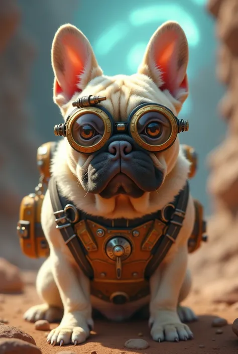 Make an image of a time traveling french bulldog with cream fur and brown eyes, black mouth coloring and a pink nose. The French builldog needs to be time traveling and have gear to do so.