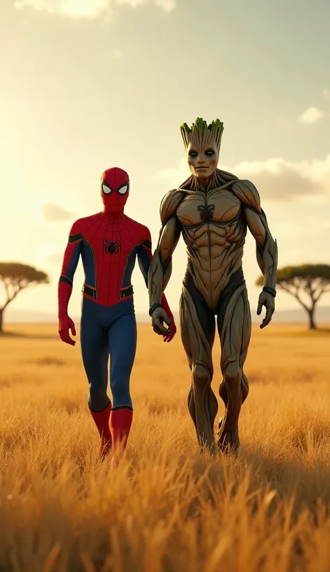  Groot and Spider-Man,walk side by side toward the camera,golden savanna