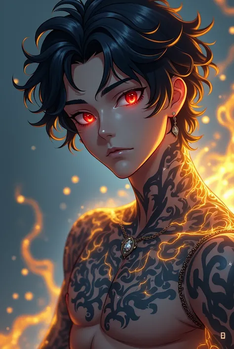 Appearance:  Gray-blue skin with a golden sheen

soft ,  eyes that alternate between bright red  (dark magic) and shimmering gold  ( luminous magic ).  Curly black hair with silver reflections .  Your body has mystical tattoos that light up during the cast...