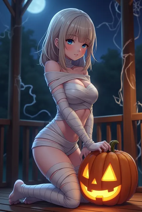 ( Not fit for work :1.3),  uncensored, ( High resolution:1.1), (absurdities:1.1),  better quality, ULTRA HIGH DEFINITION,  the highest resolution ,  , animated, 1 girl in, friend, cute girl, Mummy costume, jack-o-lantern,  session,  open legs, (cobwebs:1.2...