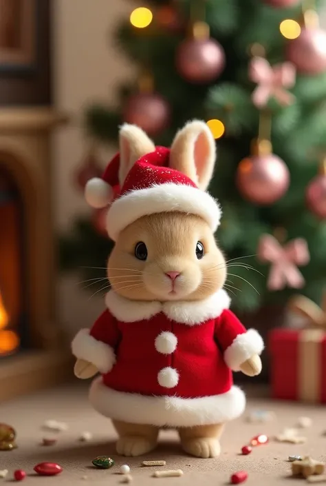  a realistic image with the photography style of the 90s ,  in the background there must be a Christmas tree with lights and ornaments such as spheres and bows in pink in the front there must be a wooden tree, with a Sylvanian Families rabbit figure dresse...