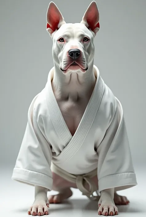 Make a white bull terrier with spots on its eyes and ears that wears a white jiujitsu kimono