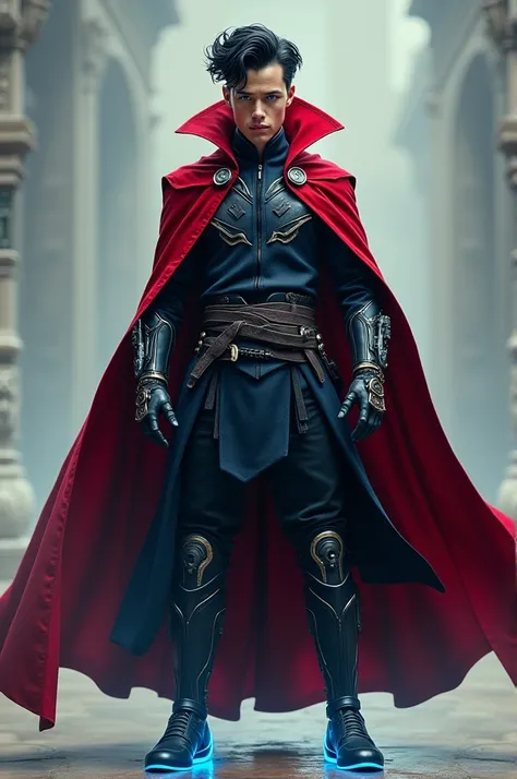  make the latest skin doctor strange , face:  dark hair , gaya rambut comma hair, kulit white, blue eyes,  Sharp gaze ,  young 20 years old , Physical : height 200 cm , athletic body, muscular , suit:  all armor material change black Nice motif, red shirt ...