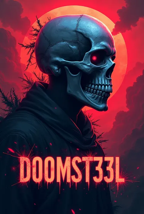 Create a banner for me with the name D00mst33l in the dimensions 1200x480 there should be a skull in the background with the colors red black gray and the highlights should be neon blue and neon red 