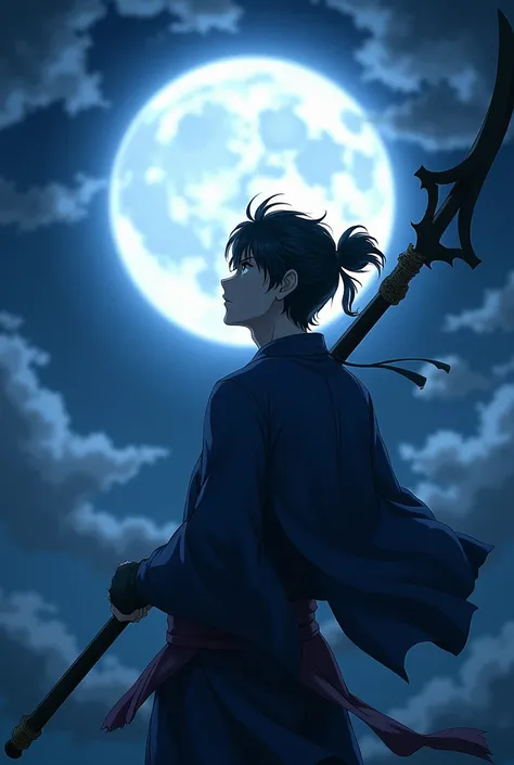 Anime photo of a man with a buso sitting looking at the moon