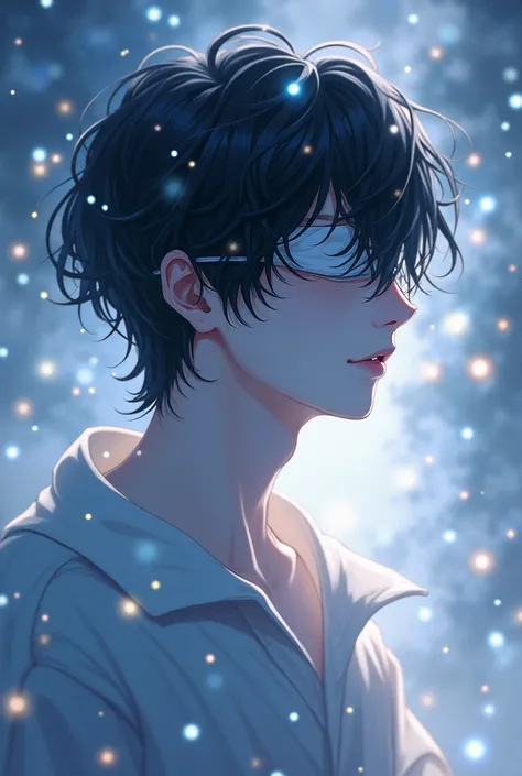 White-skinned, black-haired anime man wearing blindfolds is lying in twinkle